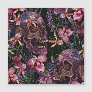 Carte Magnétique Crâne brodé : Motif gothique de l'orchidée