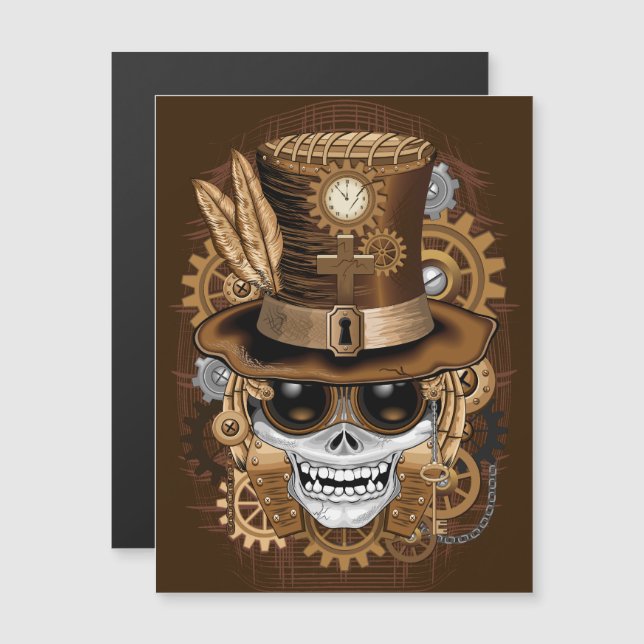 Carte Magnétique Crâne Steampunk Voodoo Machine Rétro (Devant / Derrière)