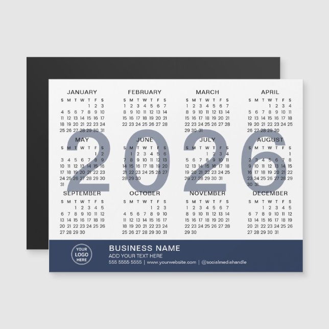 Carte Magnétique Custom Logo Business 2026 Magnetic Calendar (Devant / Derrière)