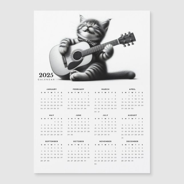 Carte Magnétique Cute Cat Guitariste Écarf 2025 Calendrier magnétiq (Devant)