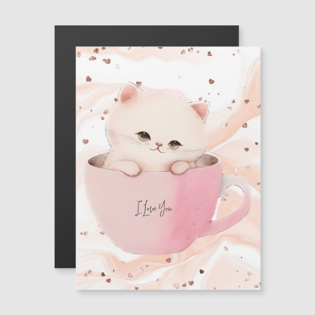 Carte Magnétique Cute chat rose blanc dans une tasse de thé (Devant / Derrière)