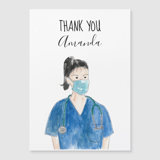 Carte Magnétique Cute Merci Nurse Custom Aquarelle Coiffure noire (Devant)