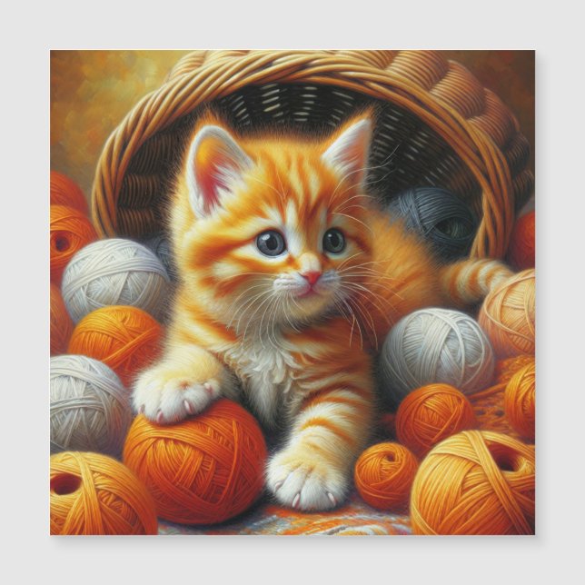 Carte Magnétique Cute Orange et Kitten blanc Jouer en Fil (Devant)