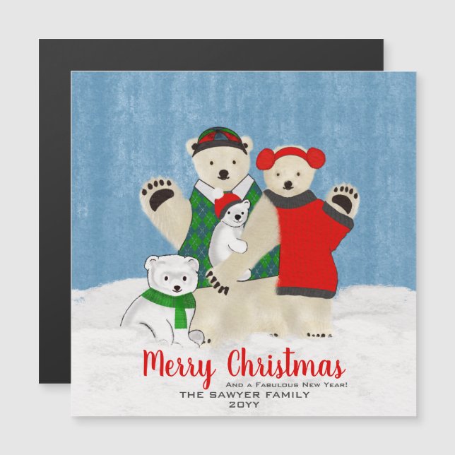 Carte Magnétique Cute Ours Polaire Famille Agiter Joyeux Noël (Devant / Derrière)