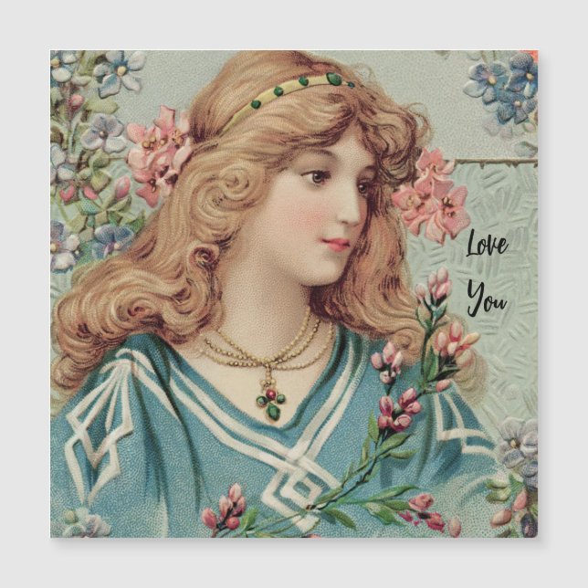 Carte Magnétique Dame victorienne avec fleurs roses dans ses cheveu (Devant)