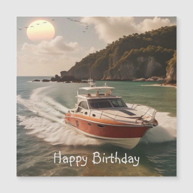 Carte magnétique d'anniversaire de bateau à moteur (Devant)