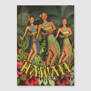 Carte Magnétique Danseuses Hula Vintage d'Hawaï Palmier Tiki Rétro