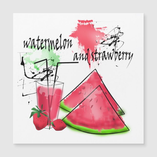 Carte Magnétique Dessin d'aquarelle de pastèque et fraises (Devant)