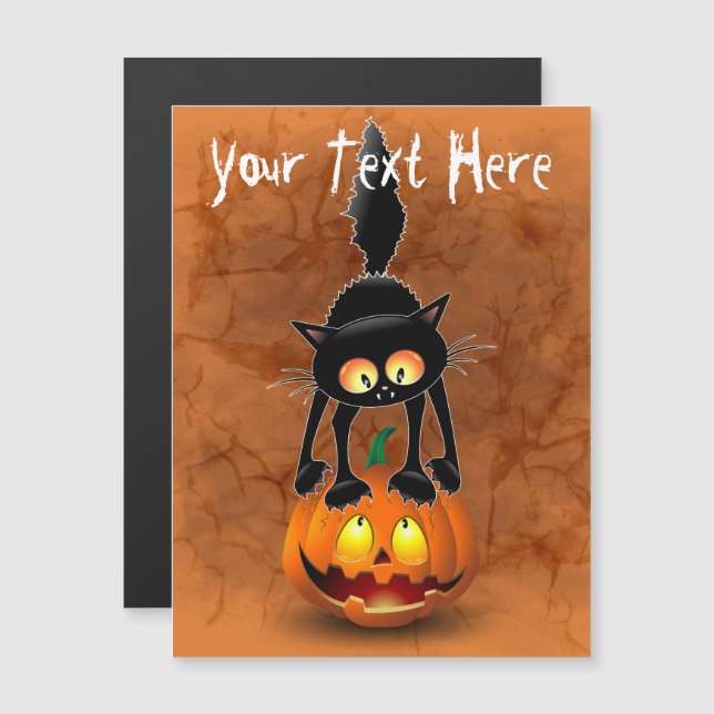 Carte Magnétique Dessin d'Halloween au chat effrayé sur Citrouille (Devant / Derrière)