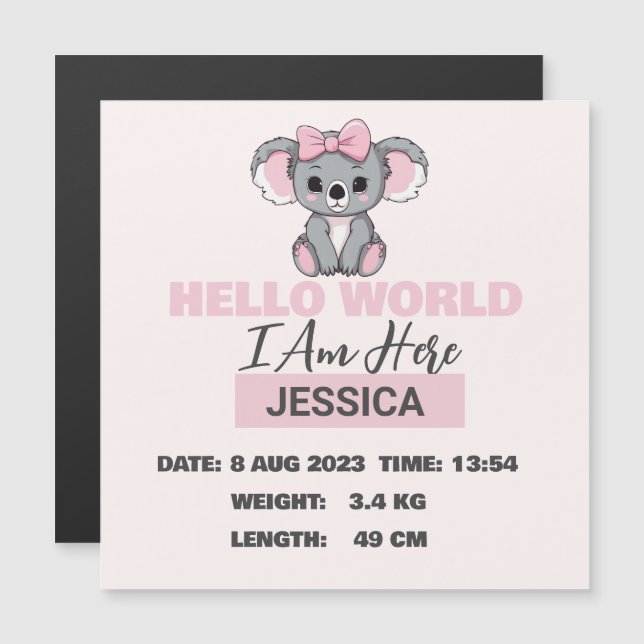 Carte Magnétique Détails du bébé né Pink Koala (Devant / Derrière)