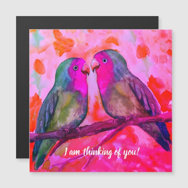 Carte Magnétique Deux petits oiseaux d'amour, je pense à vous (Devant / Derrière)