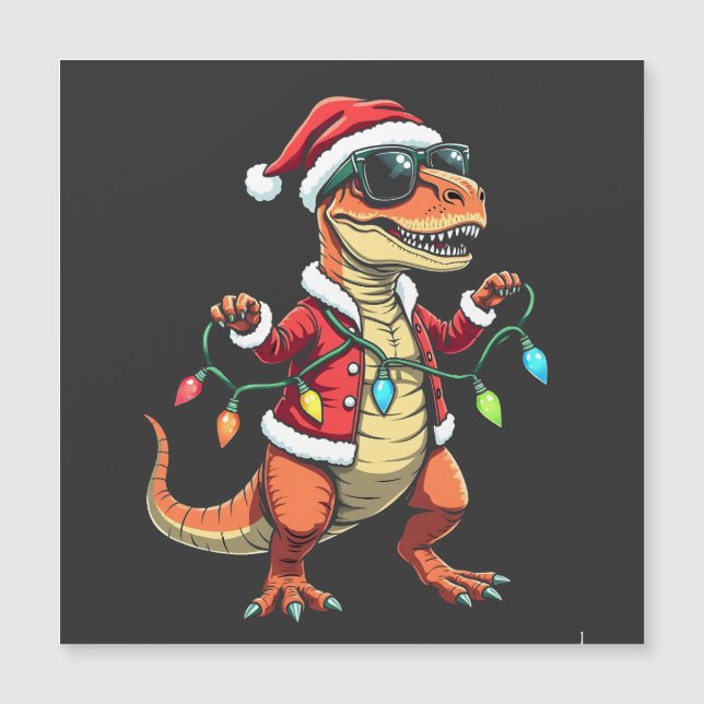 Carte Magnétique Dinosaure enveloppé de lumières de Noël Chapeau de (Devant)