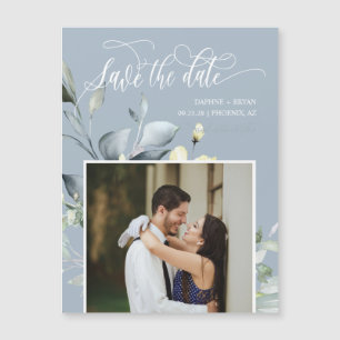 Carte Magnétique Dusty Blue Green Feuilles Sauvez la date Photo Mag