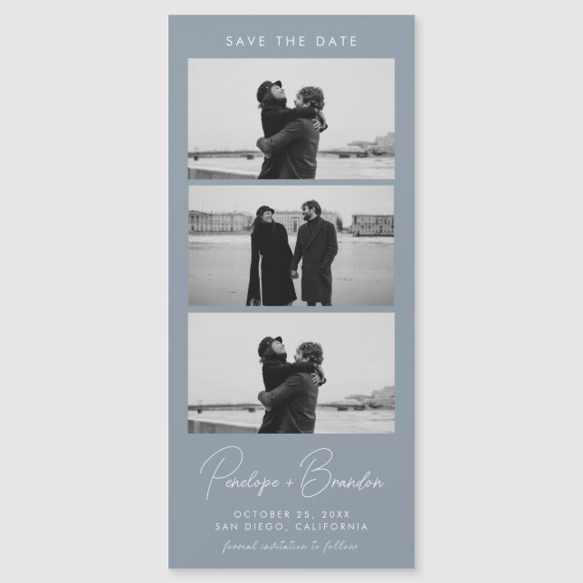 Carte Magnétique Dusty Blue Modern Photo Strip Mariage magnétique (Devant)