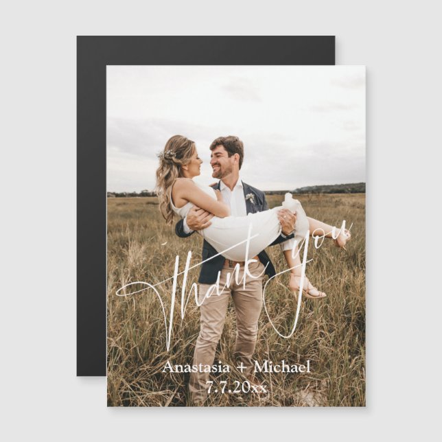 Carte Magnétique écriture moderne merci mariage photo aimant (Devant / Derrière)