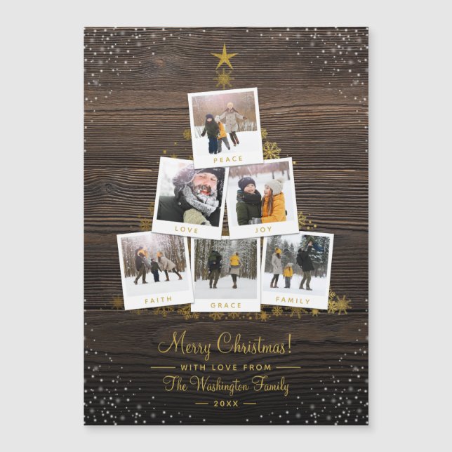 Carte Magnétique Elégant Bois & Or Noël Multiphoto Collage (Devant)