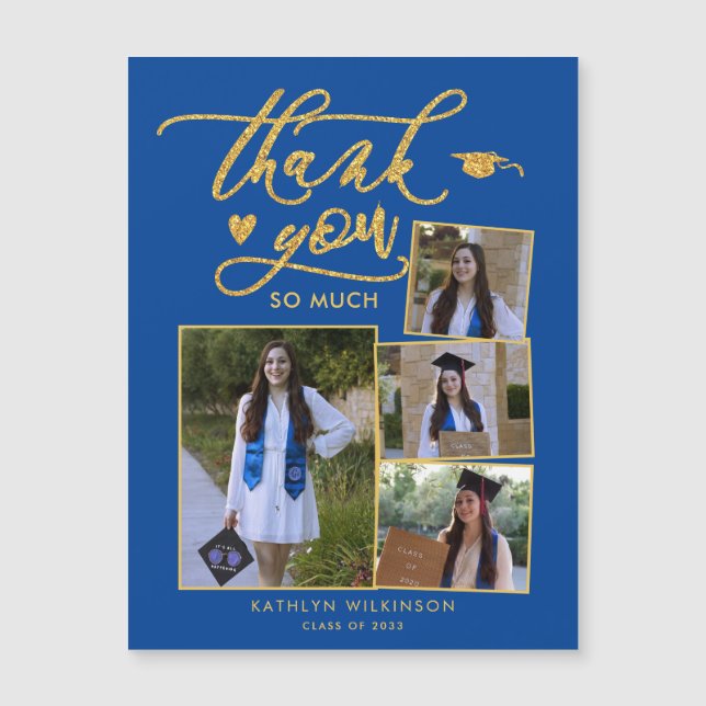 Carte Magnétique Elégant Gold Blue Multi Photo Graduation Merci (Devant)