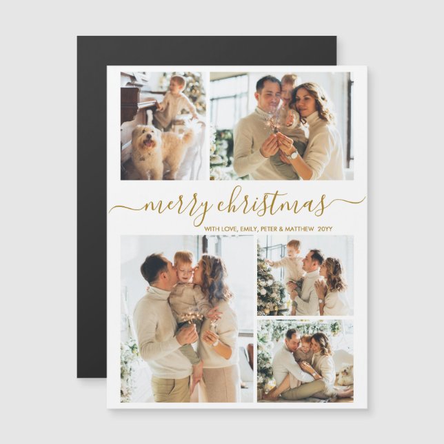 Carte Magnétique Elegant Gold Script 5 Photo Merry Christmas  (Devant / Derrière)