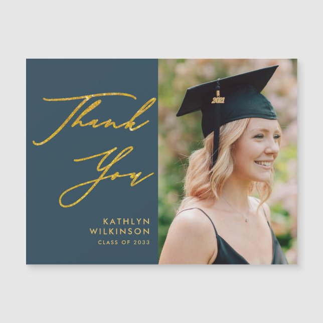 Carte Magnétique Élégant Gold Script Blue Chic Graduation Merci (Devant)