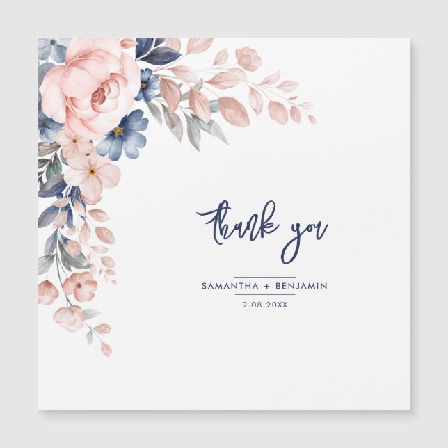 Carte Magnétique Élégant Mariage bleu rose floral Merci de script (Devant)