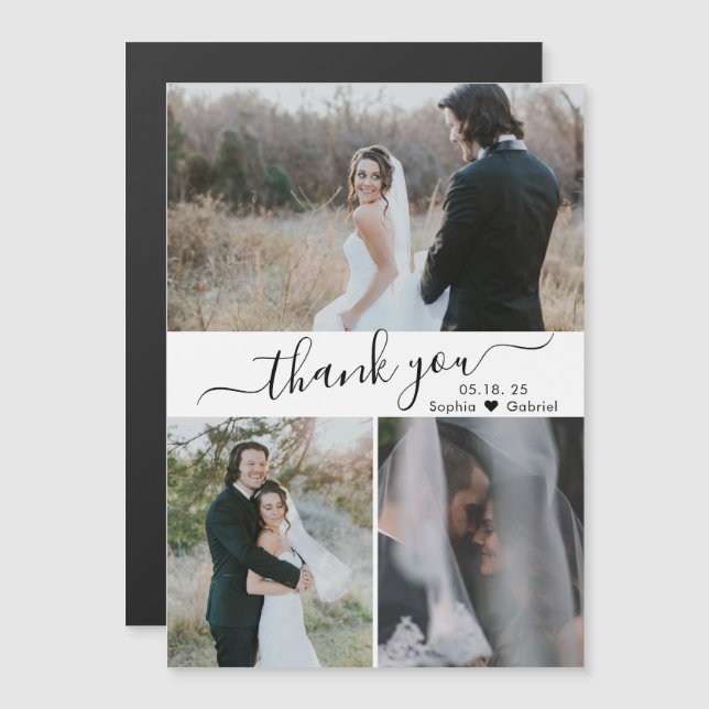 Carte Magnétique Élégant Mariage de script 3 Photo Collage Merci (Devant / Derrière)