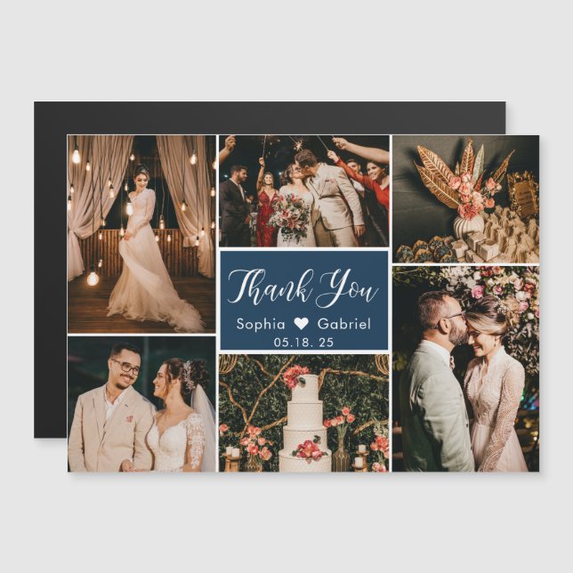 Carte Magnétique Élégant Marine Photo Collage Mariage Merci (Devant / Derrière)