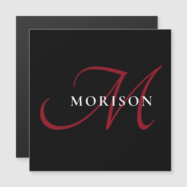 Carte Magnétique Élégant Monogramme moderne noir rouge (Devant / Derrière)
