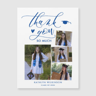 Carte Magnétique Élégant Script Blue 4 Photo Graduation Merci