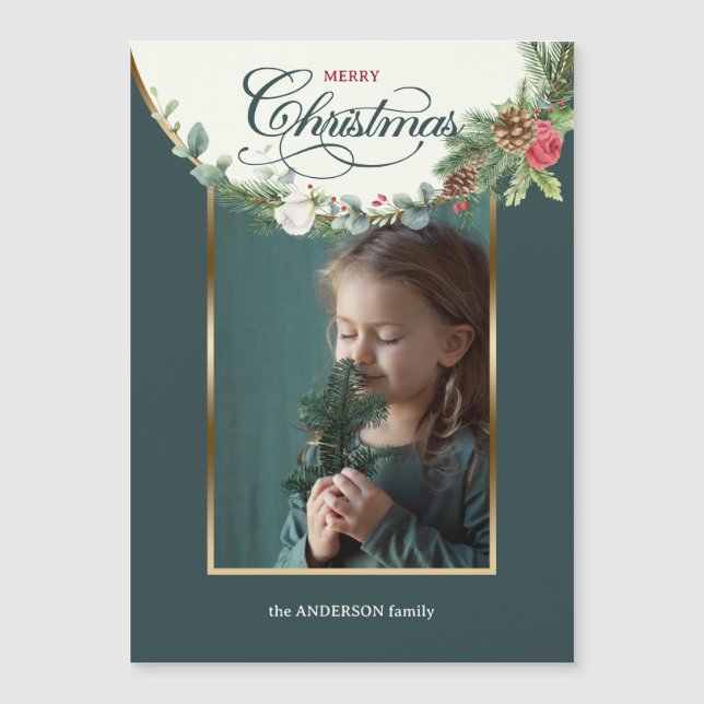 Carte Magnétique Élégante Calligraphie de Noël Joyeux Floral Photo (Devant)