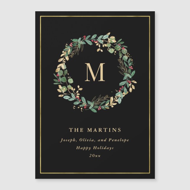 Carte Magnétique Élégante couronne de Noël doré avec monogramme (Devant)