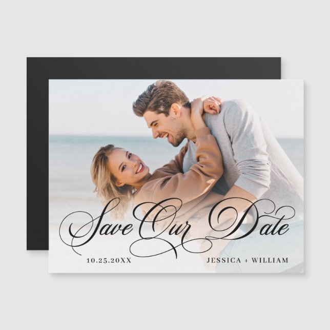 Carte Magnétique Élégante photo de mariage Enregistrer la date Cart (Devant / Derrière)