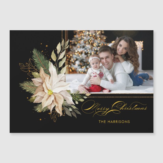 Carte Magnétique Elégante Poinsettias blanche avec verdure or Photo (Devant)