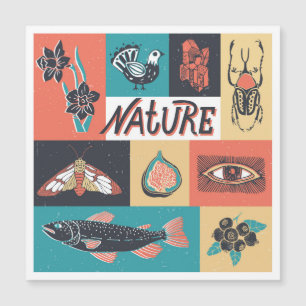 Carte Magnétique Éléments de la nature, Icônes de style rétro.
