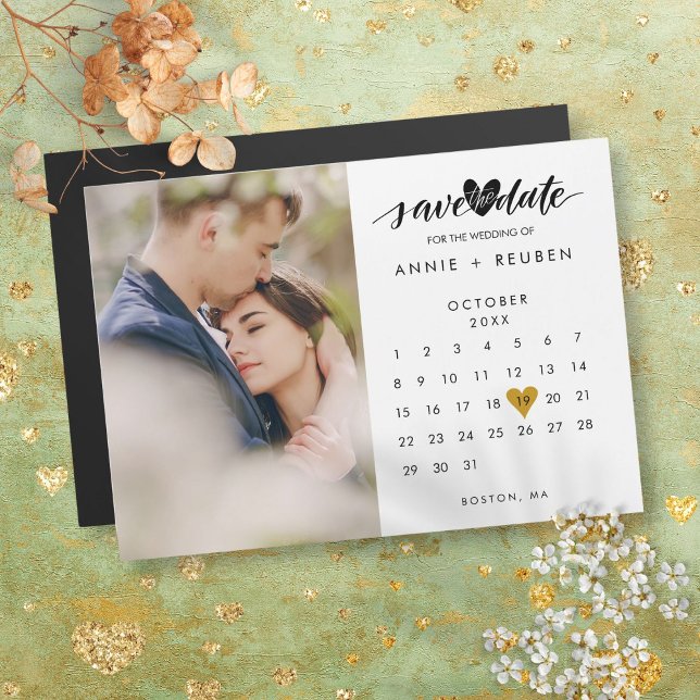 Carte Magnétique Enregistrer la date Gold Heart Calendar Photo magn (Save the Date Gold Heart Calendar Photo Magnetic)