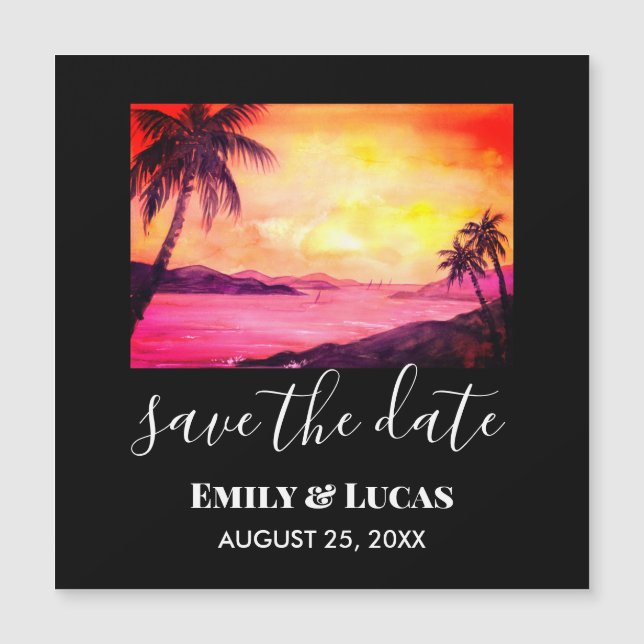 Carte Magnétique Enregistrer la date Tropical Beach Sunset Watercol (Devant)