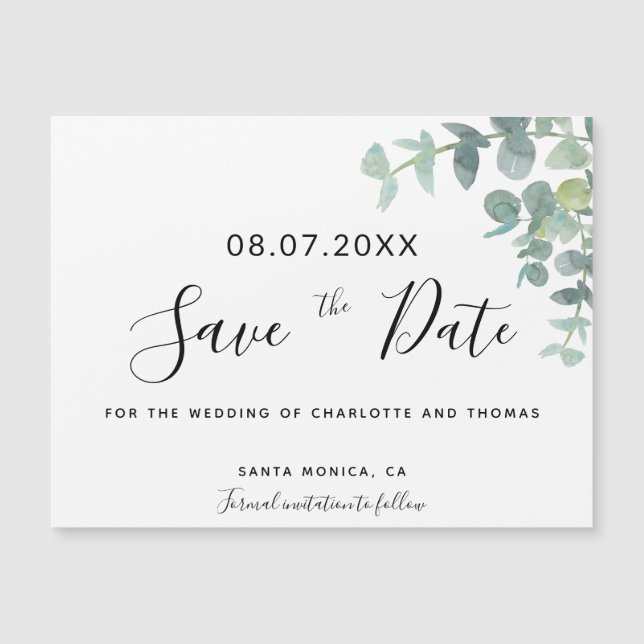 Carte Magnétique Eucalyptus mariage vert enregistrer la date aimant (Devant)