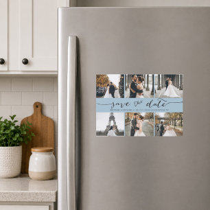 Carte Magnétique Faire part de date de mariage Collage photo bleu c