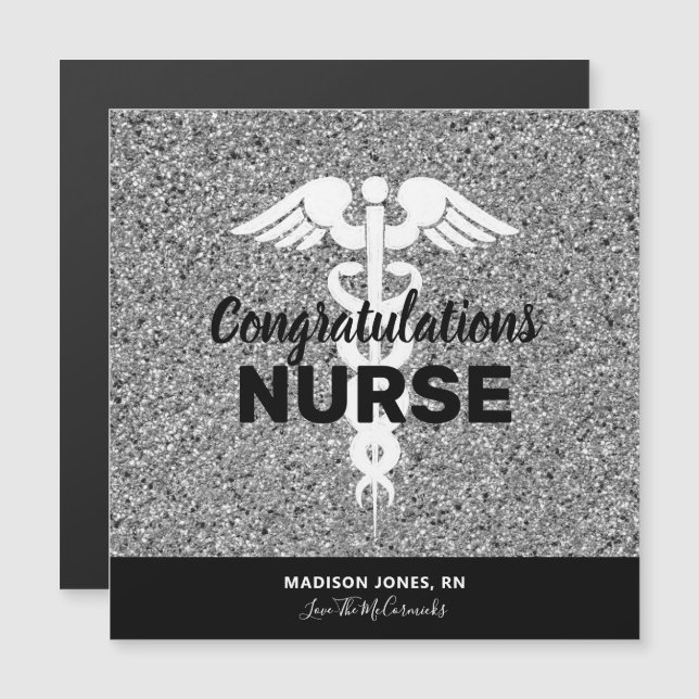 Carte Magnétique Félicitations Nurse Grad Black Silver Parties scin (Devant / Derrière)