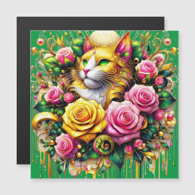 Carte Magnétique Feline au milieu d'une floraison vibrante (Devant / Derrière)