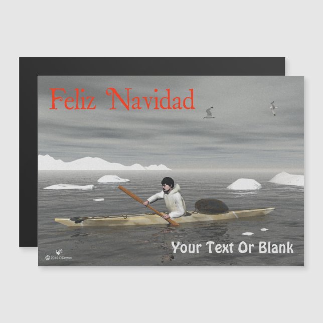 Carte Magnétique Feliz Navidad - Inuit Kayak (Devant / Derrière)