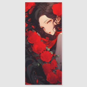 Carte Magnétique Femme Anime et Fleurs Rouges