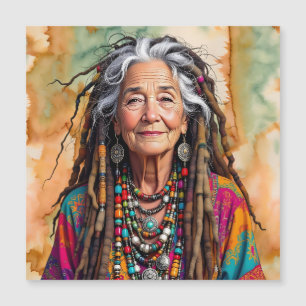 Carte Magnétique Femme Hippie Cool Vieille Dame en Dread Locks