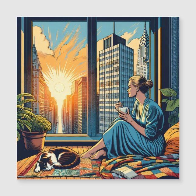 Carte Magnétique Femme regardant par la fenêtre boire du café (Devant)