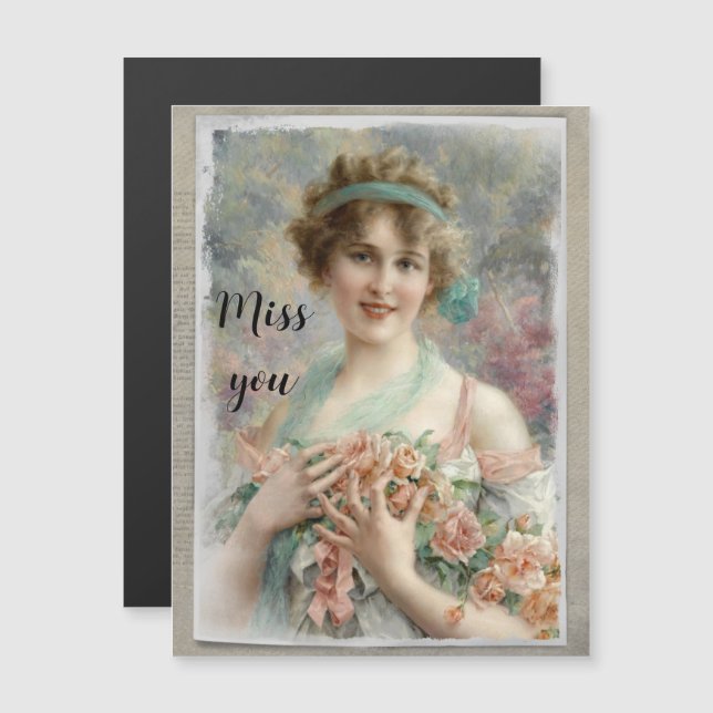 Carte Magnétique Femme victorienne avec Roses sur aquarelle variabl (Devant / Derrière)