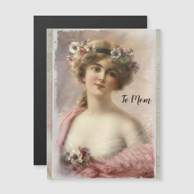 Carte Magnétique Femme victorienne en détresse avec fleurs sur aqua (Devant / Derrière)