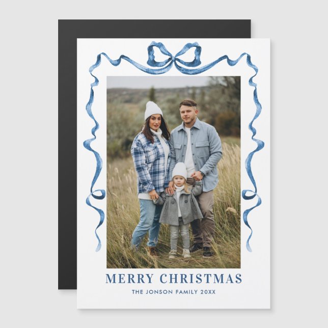 Carte magnétique Festive Blue Christmas Bow (Devant / Derrière)