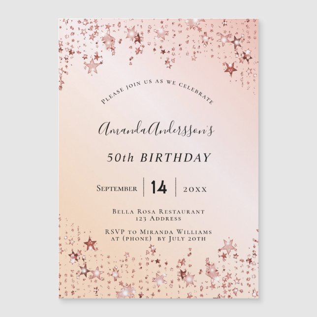 Carte Magnétique Fête d'anniversaire rose or rousse rose étoiles mo (Devant)