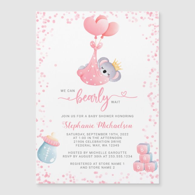 Carte Magnétique Fille Koala Oear Baby shower Aimant d'invitation (Devant)