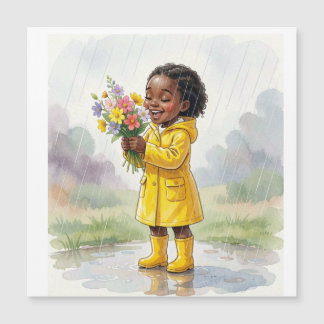 Carte Magnétique Fille noire sous la pluie tenant des fleurs – Douc
