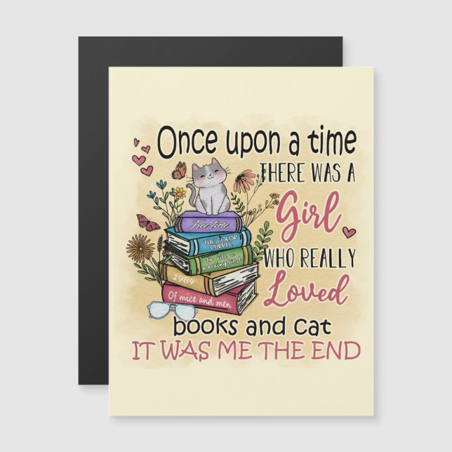 Carte Magnétique Fille qui aime les livres et les chats (Devant / Derrière)